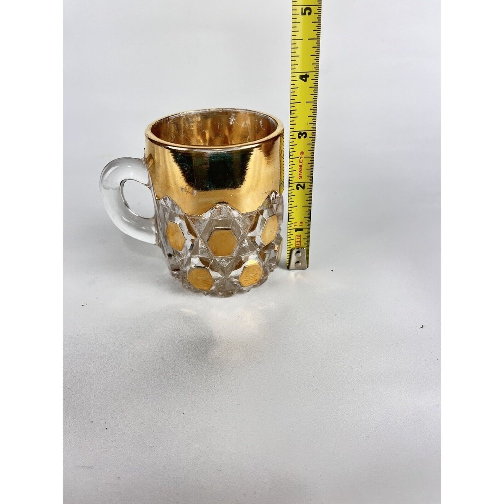 Vintage Glass Mug Cup Gold Leaf Clear Fancy Small 3" Hexagon Bevel Art Deco - Picture 5 of 7